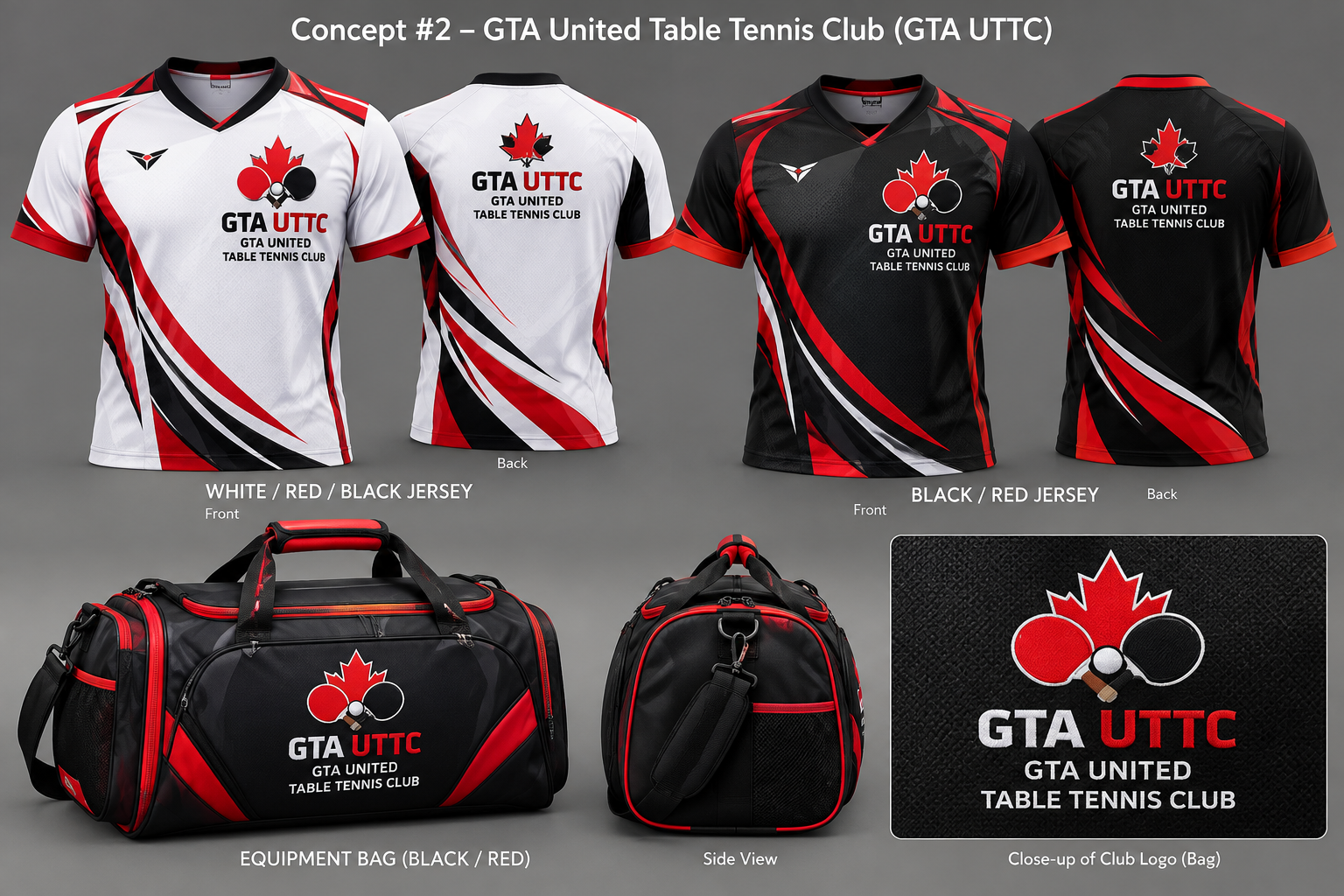 GTA United Table Tennis Club Concept 2: white and black jerseys, equipment bag and club logo